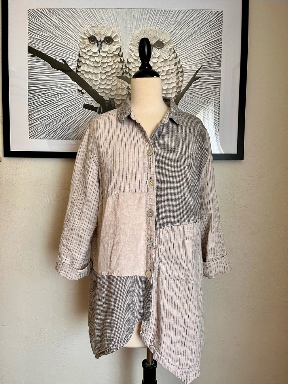 Habitat Cotton/Linen Blend Asymmetrical Patchwork Button-Down Shirt